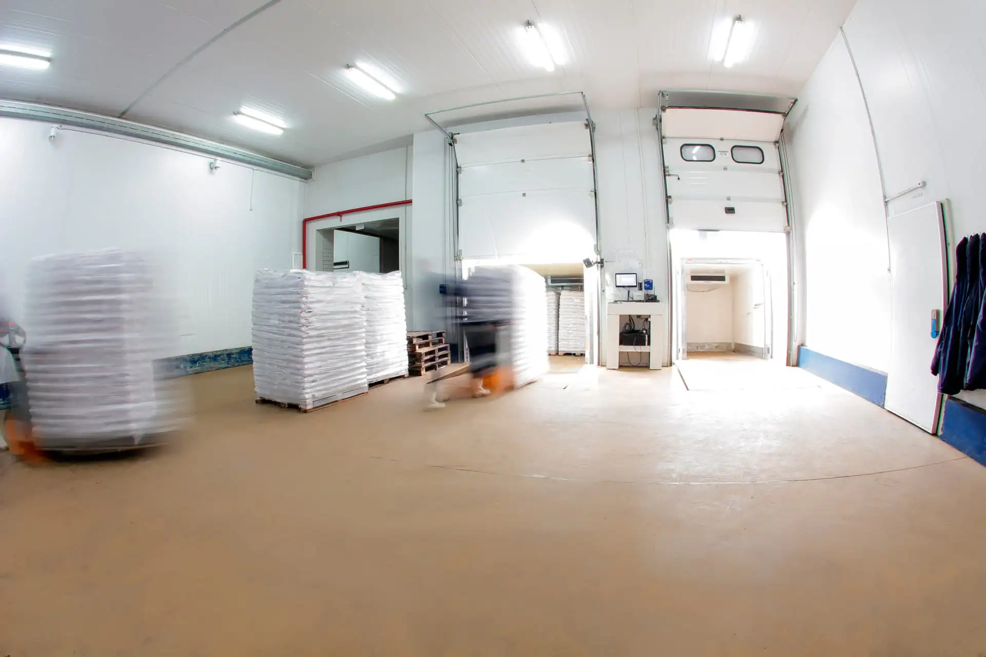 Interior da câmara frigorífica com pallets armazenados